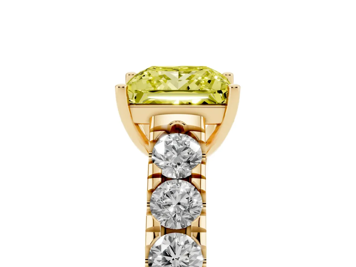 Fancy Yellow Princess Cut Cut Diamond Solitaire Ring with Micro Pave Band and Prong Setting Yellow gold