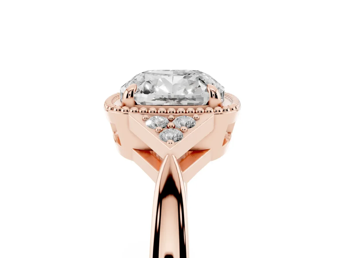 Hexagonal Halo Cushion Cut Diamond Solitaire with Pavé Band and Four-Prong Setting Rose gold