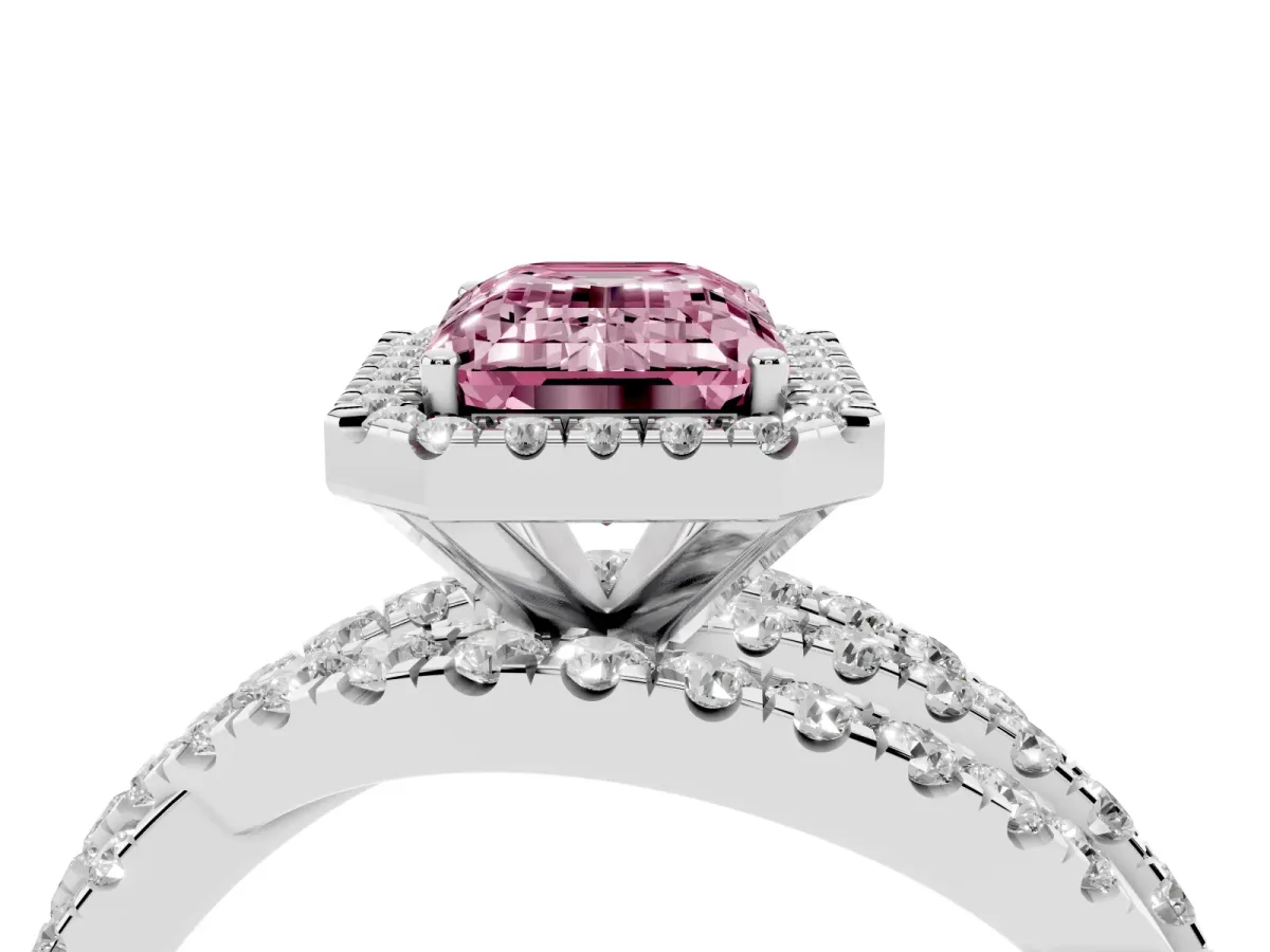 Fancy Pink Emerald Cut Diamond Halo Ring with Round Split Shank and Prong Setting Platinum