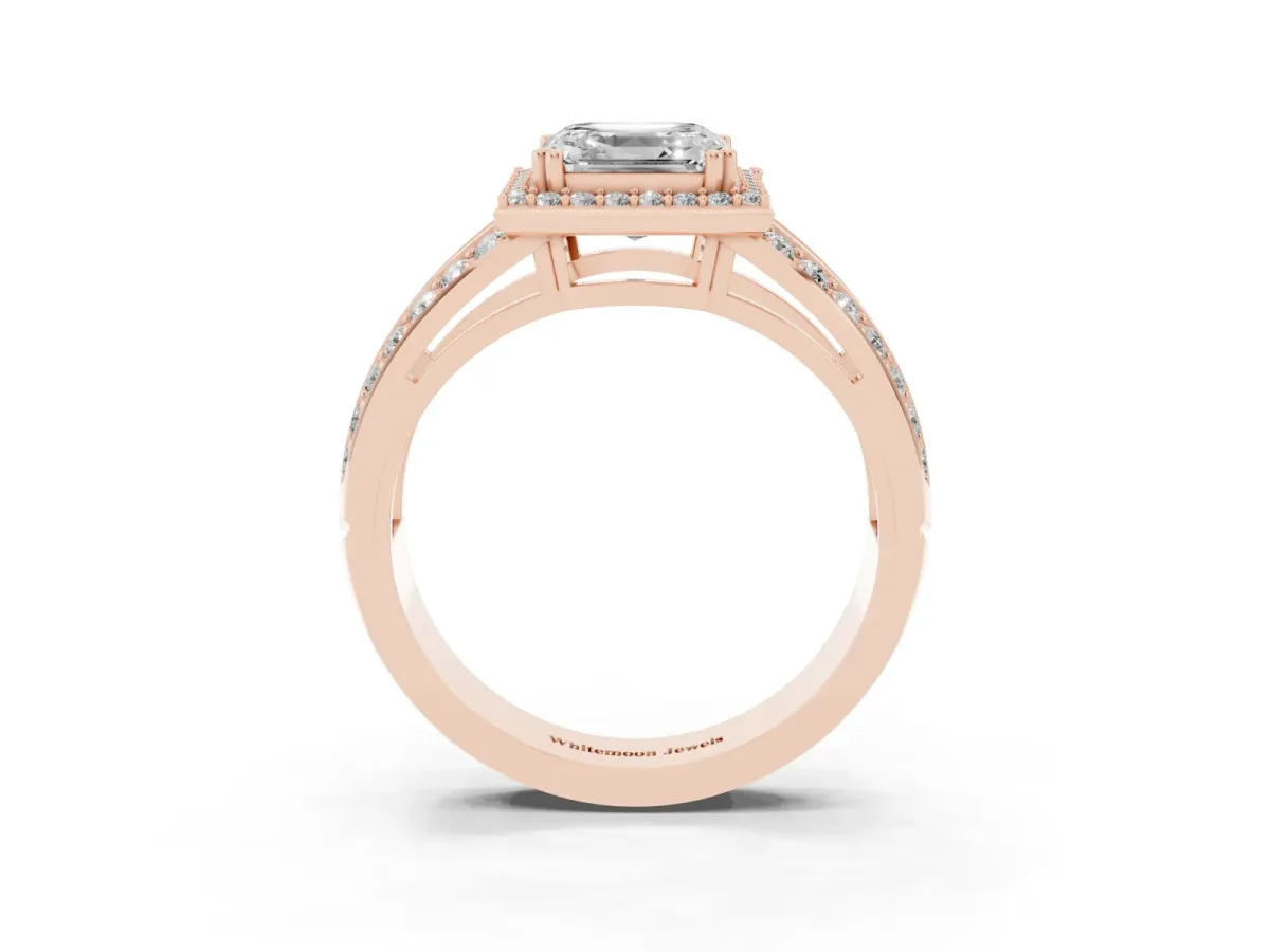 Asscher Cut Diamond Halo Ring with Split Shank Pavé Band and Four-Prong Setting Rose gold
