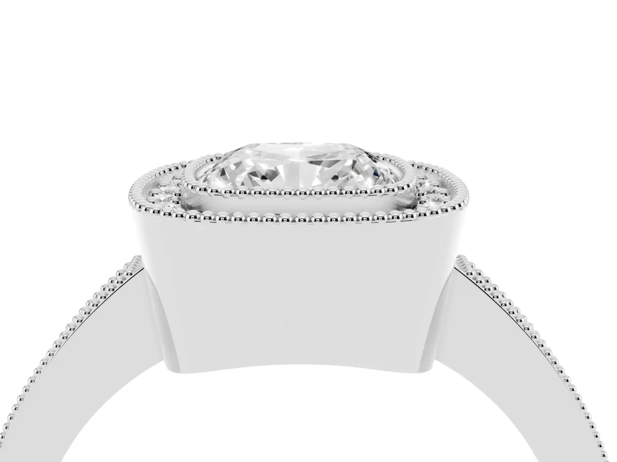 Cushion Cut-Cut Diamond Halo Engagement Ring with Pave Band and Prong Setting Platinum