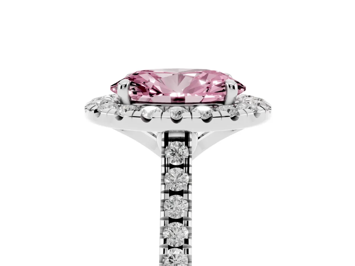 Fancy Pink Oval Cut Diamond Cushion Halo Ring with Pavé Band Platinum
