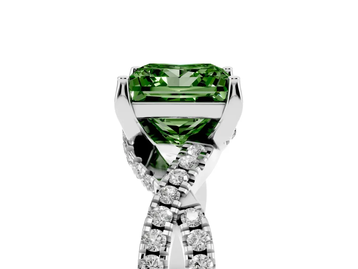 Fancy Green Princess Cut Solitaire Twist Pave Diamond Engagement Ring with Prong Setting Silver