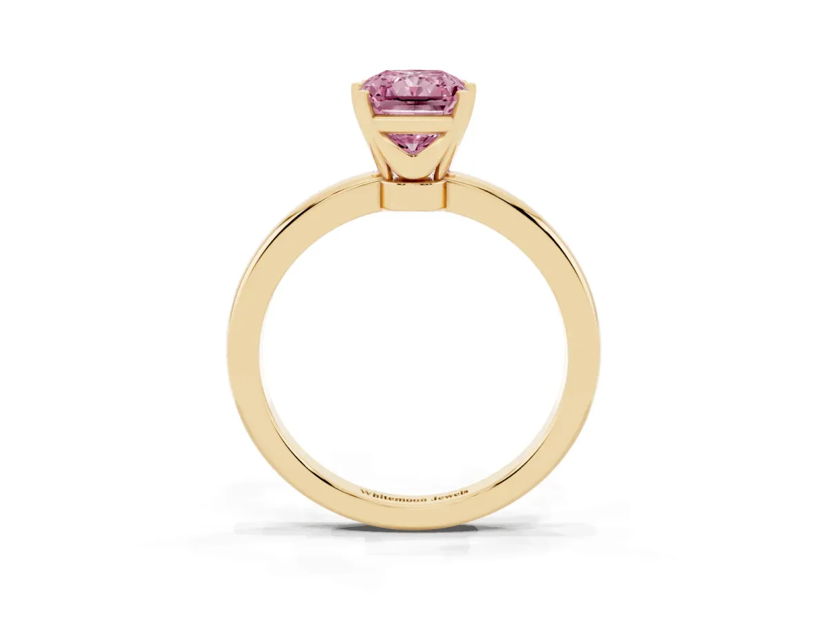 Fancy Pink Radiant Cut Solitaire Diamond Ring with Six-Prong Setting on a Classic Band Yellow gold