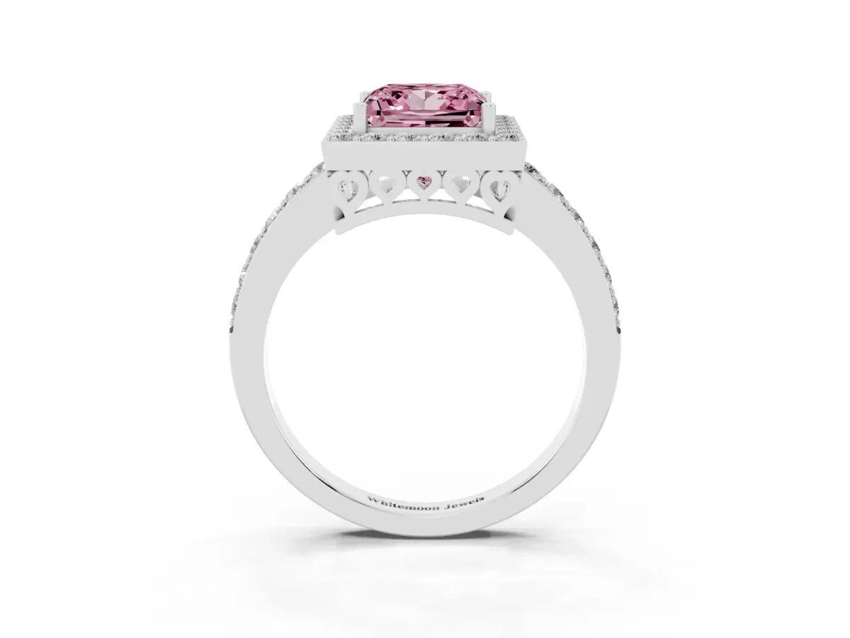 Fancy Pink Princess Cut Halo Diamond Pavé Band Ring with Prong Setting Silver