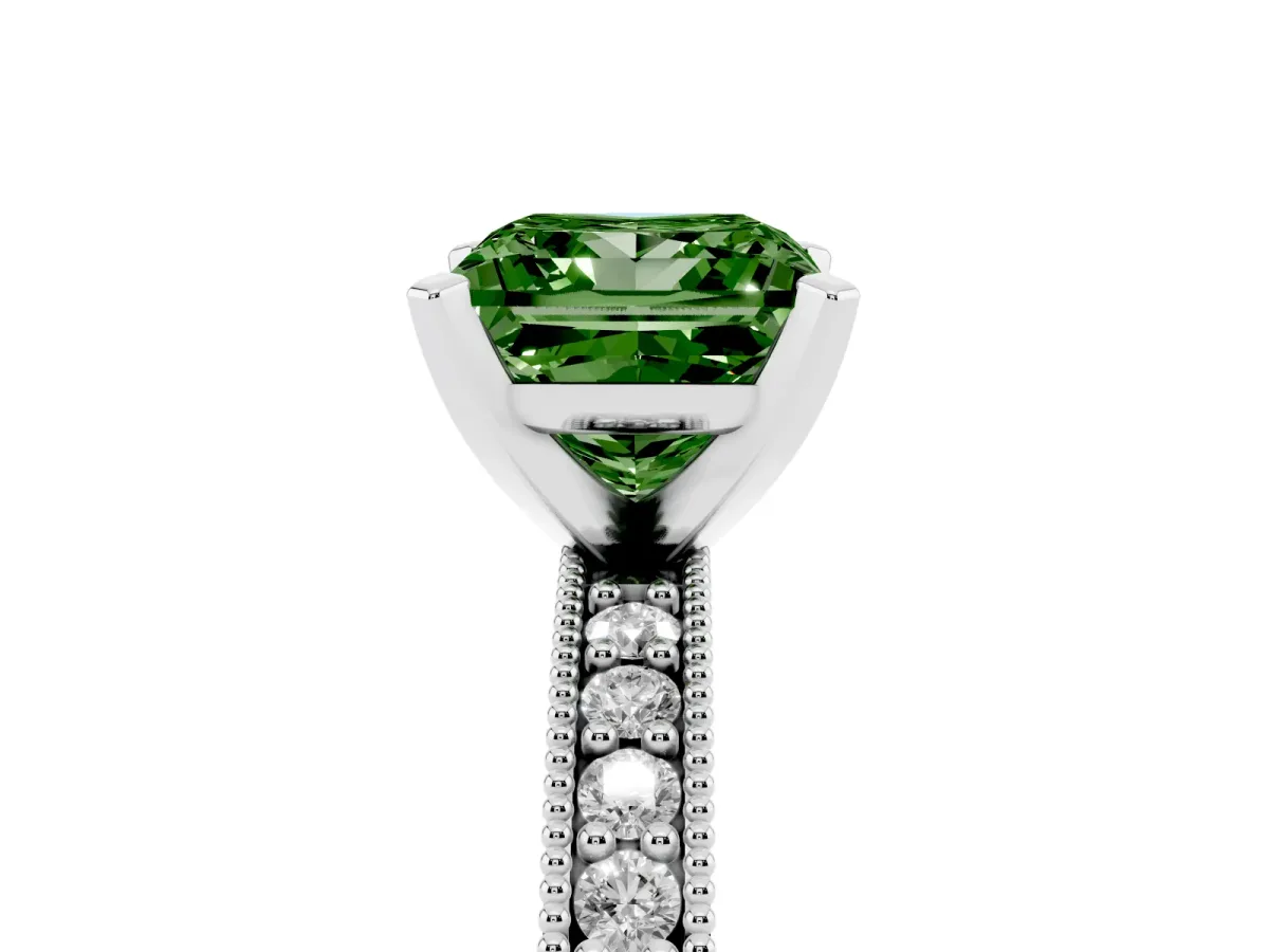 Fancy Green Princess Cut Diamond Milgrain Pavé Engagement Ring with Four-Prong Setting Silver