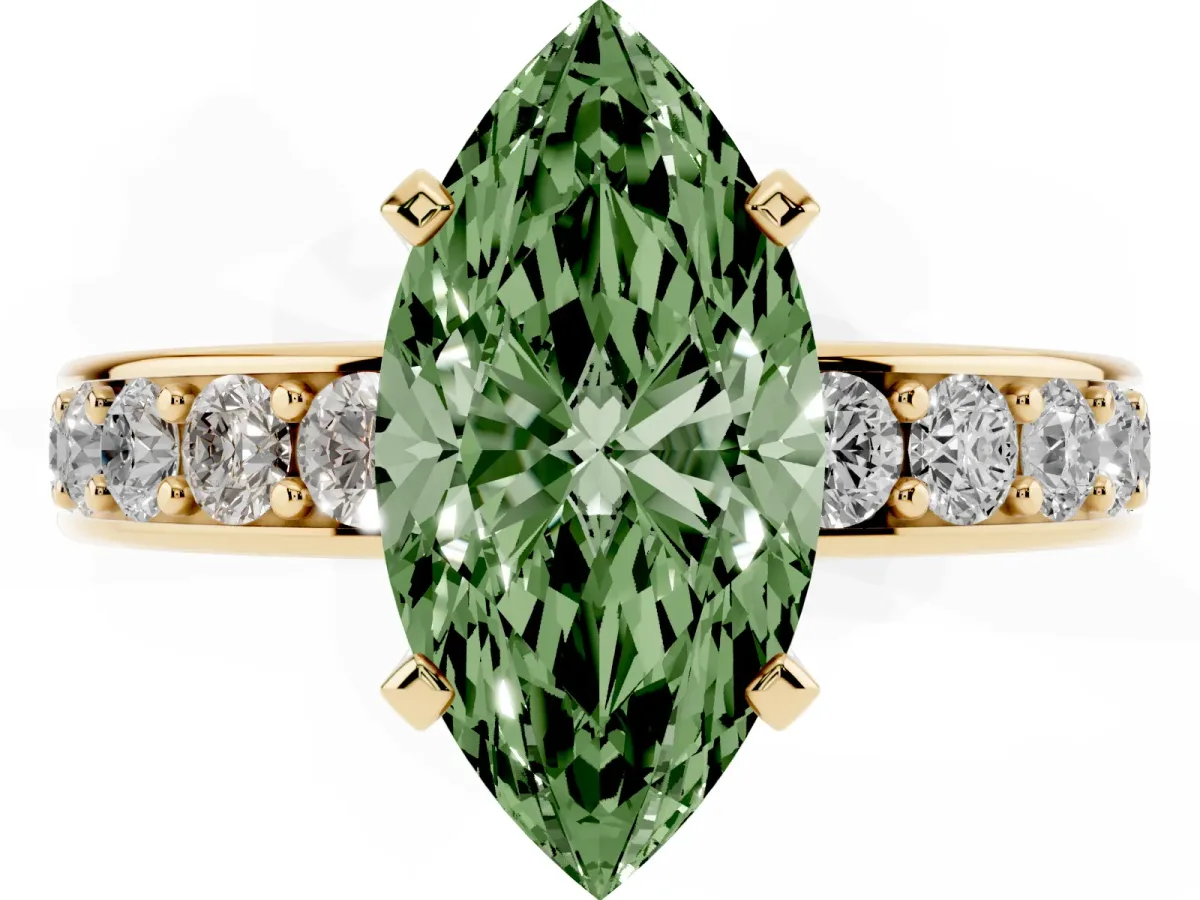 Fancy Green Marquise Cut Diamond Engagement Ring with Channel Set Round Band and Prong Setting Yellow gold