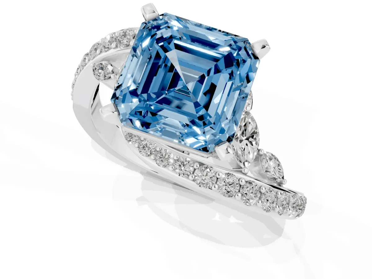 Fancy Blue Asscher Cut Solitaire with Pavé Twist Band and Four-Prong Setting Silver