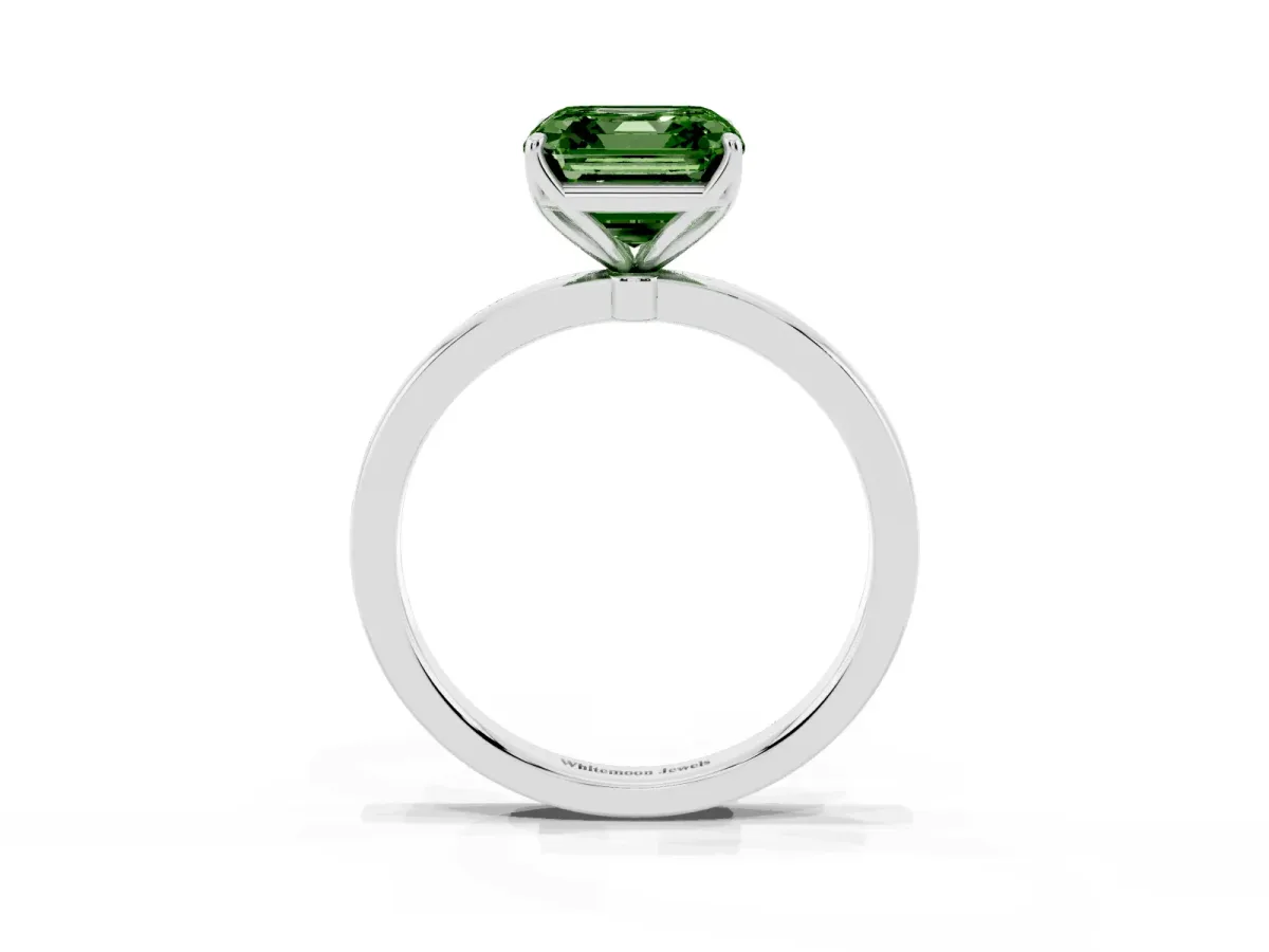 Fancy Green Asscher Cut Diamond Solitaire Ring with Thin Band and Prong Setting White gold