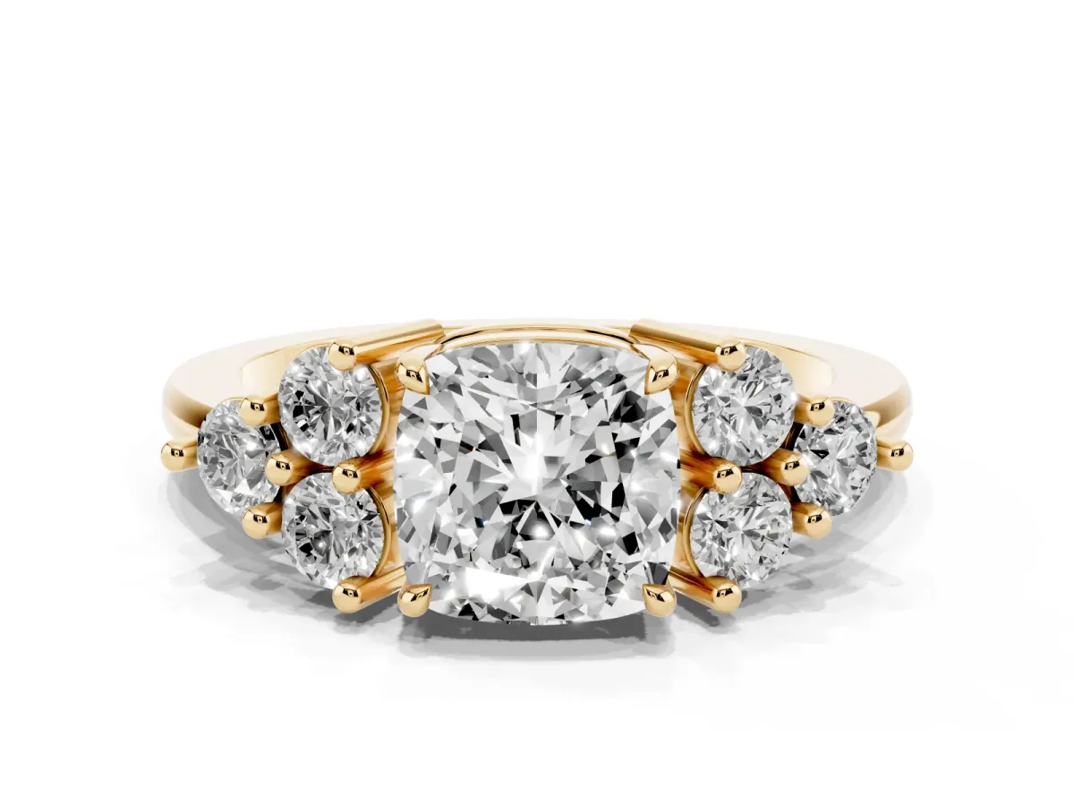 Cushion Cut Brilliant Diamond Cluster Accent Solitaire Ring with Prong Setting Yellow gold