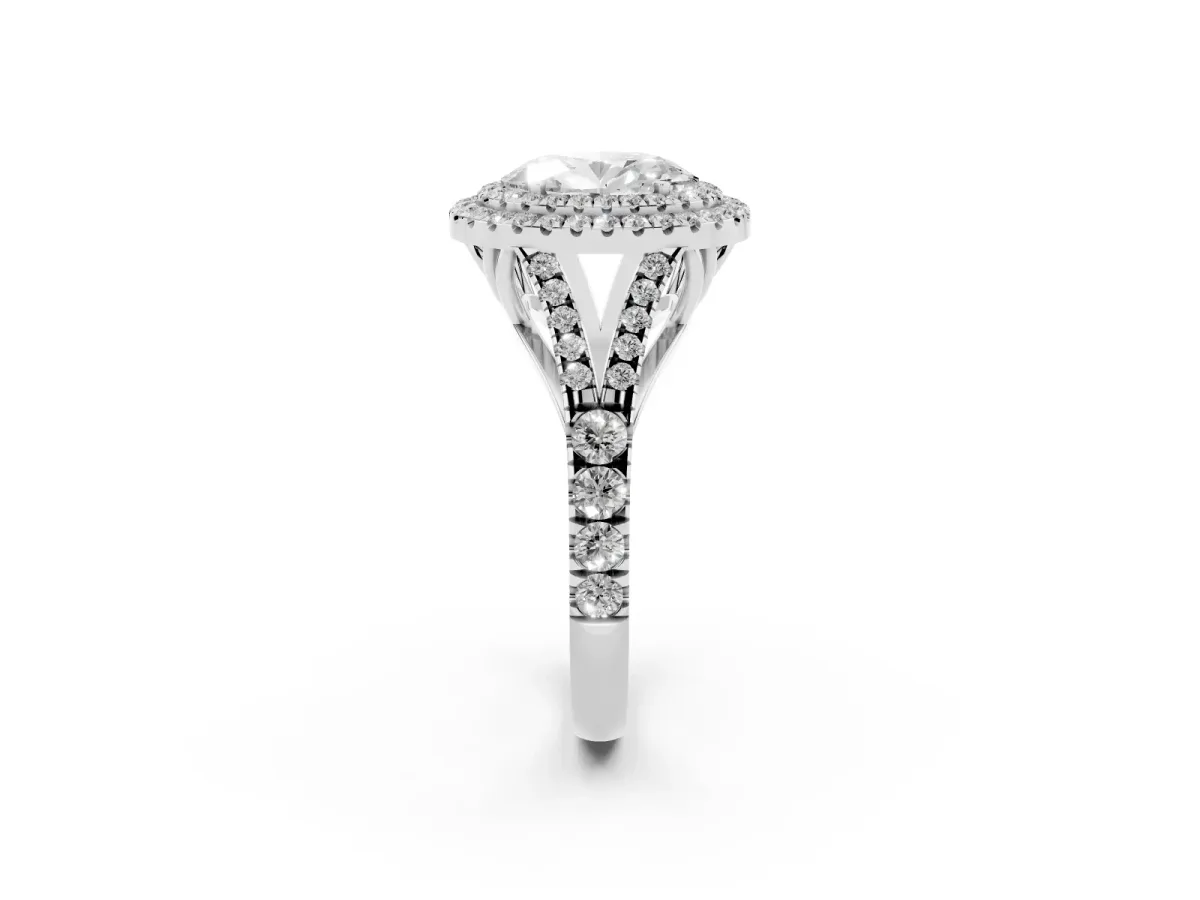Double Halo Oval Cut Diamond Split Shank Engagement Ring with Four-Prong Setting Silver