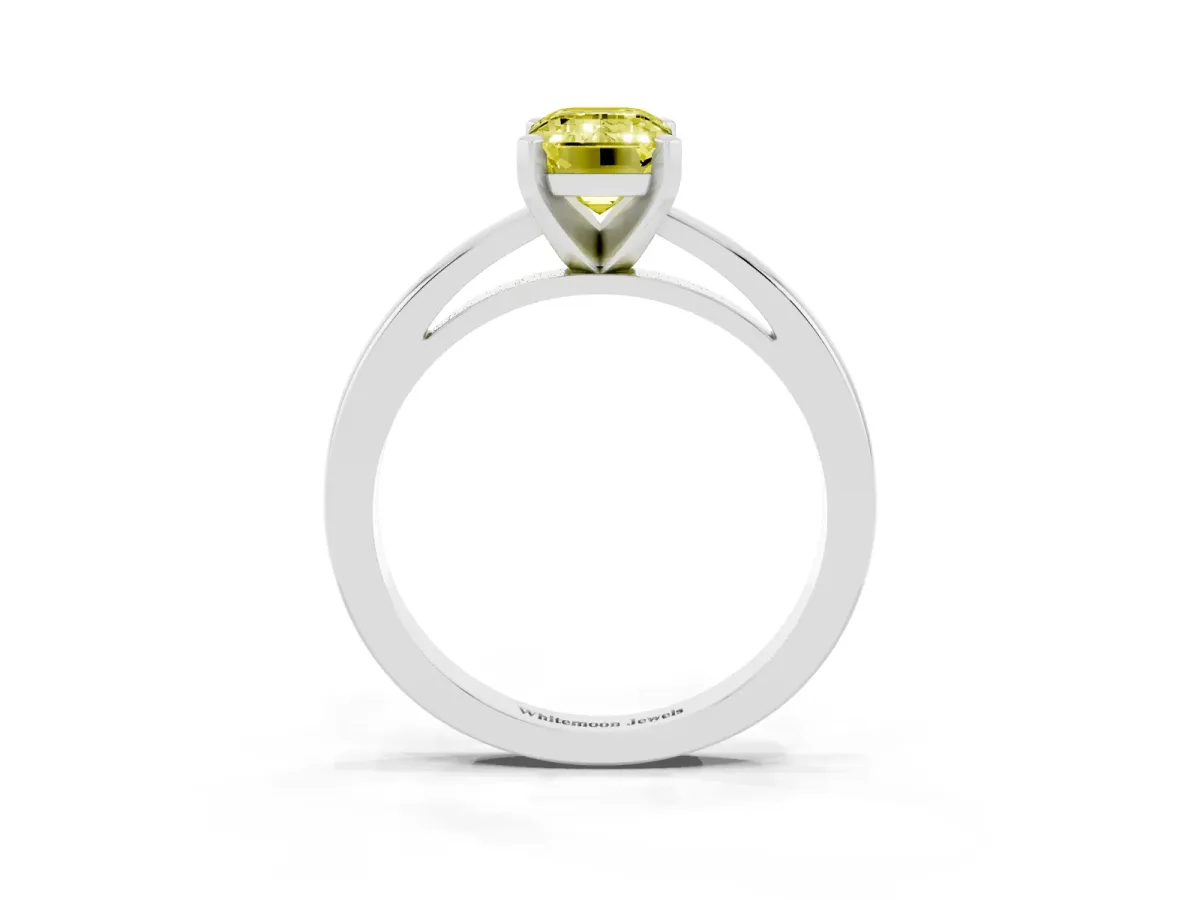 Fancy Yellow Emerald Cut Solitaire Diamond Engagement Ring with Four-Prong Setting on a Classic Band White gold
