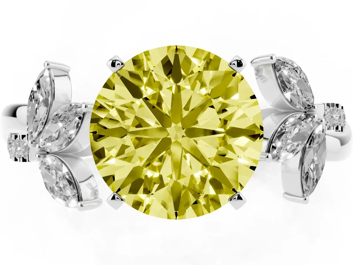 Fancy Yellow Round Cut Diamond Floral Vine Solitaire Engagement Ring Silver