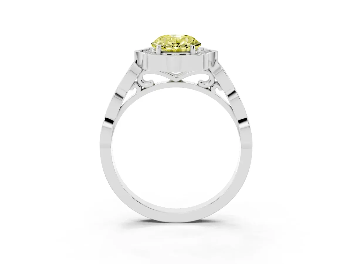 Fancy Yellow Oval Cut Halo Diamond Engagement Ring with Milgrain Band and Four-Prong Setting White gold