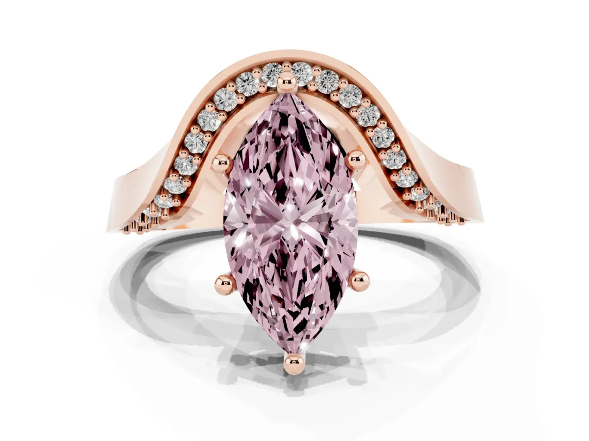 Fancy Pink Marquise Cut Solitaire Diamond Engagement Ring with Pave Band and Four-Prong Setting Rose gold