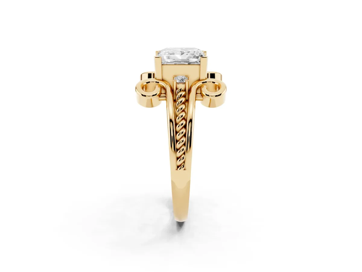 Princess Cut Solitaire Twisted Band Scroll Prong Ring Yellow gold