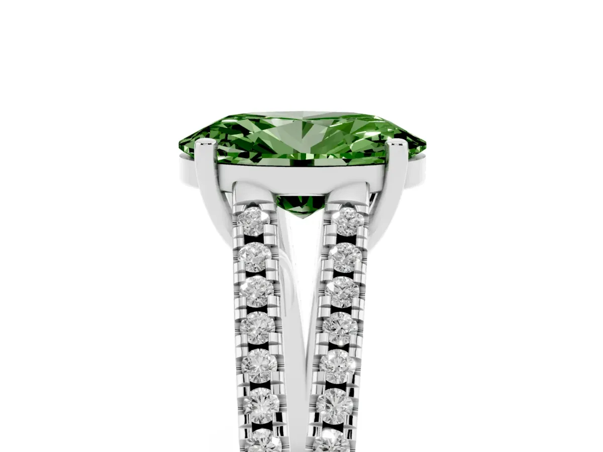 Fancy Green Oval Cut Diamond Solitaire Engagement Ring with Split Shank Pavé Band Platinum
