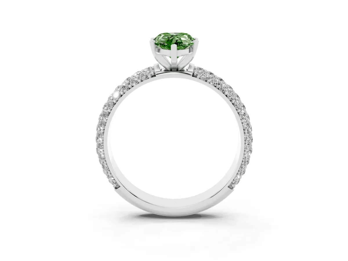 Fancy Green Pear Cut Diamond Solitaire Ring with Prong Setting and Pavé Band Silver