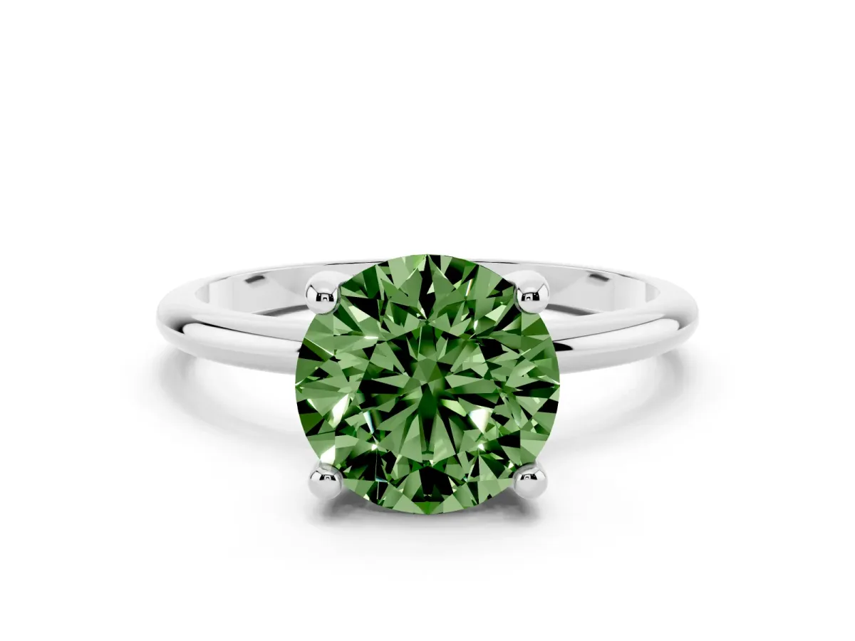Fancy Green Round Cut Solitaire Diamond Ring with 4-Prong Setting on a Classic Band Silver