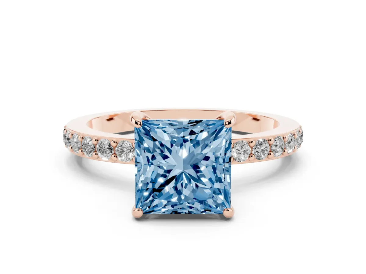 Fancy Blue Princess Cut Diamond Solitaire Engagement Ring with Pavé Band and Four-Prong Setting Rose gold