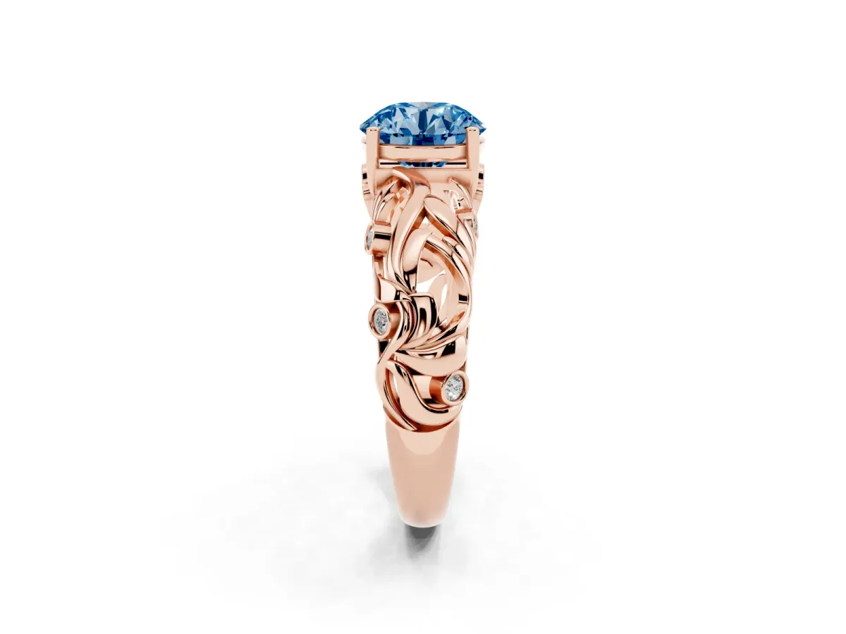 Fancy Blue Round Cut Solitaire Diamond Leaf-Inspired Vine Band Ring with Prong Setting Rose gold