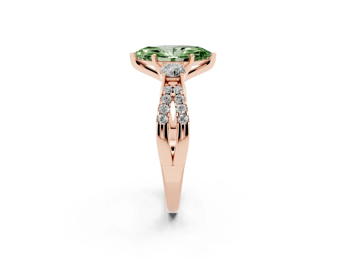 Fancy Green Marquise Cut Diamond Three-Stone Ring with Pavé Split Shank and Four-Prong Setting Rose gold