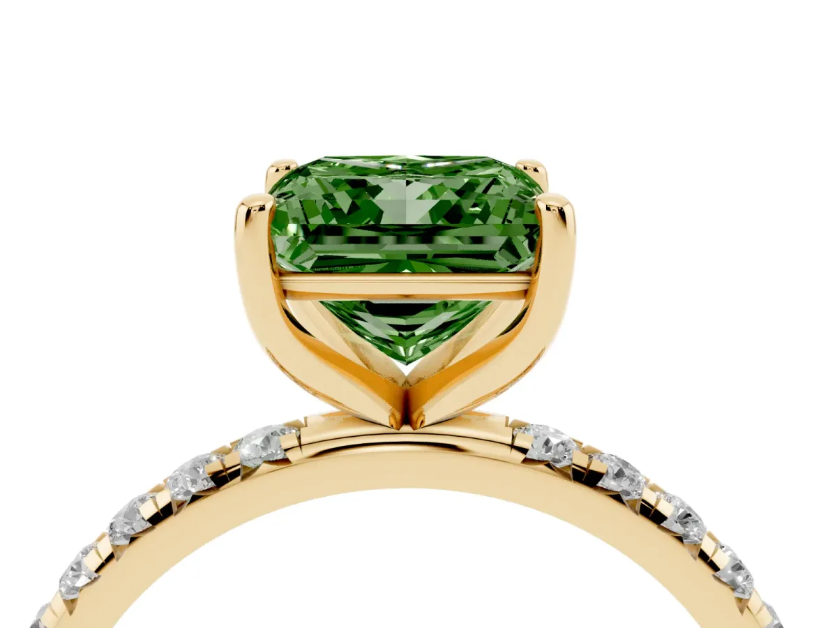Fancy Green Princess Cut Cut Diamond Solitaire Ring with Micro Pave Band and Four Prong Setting Yellow gold