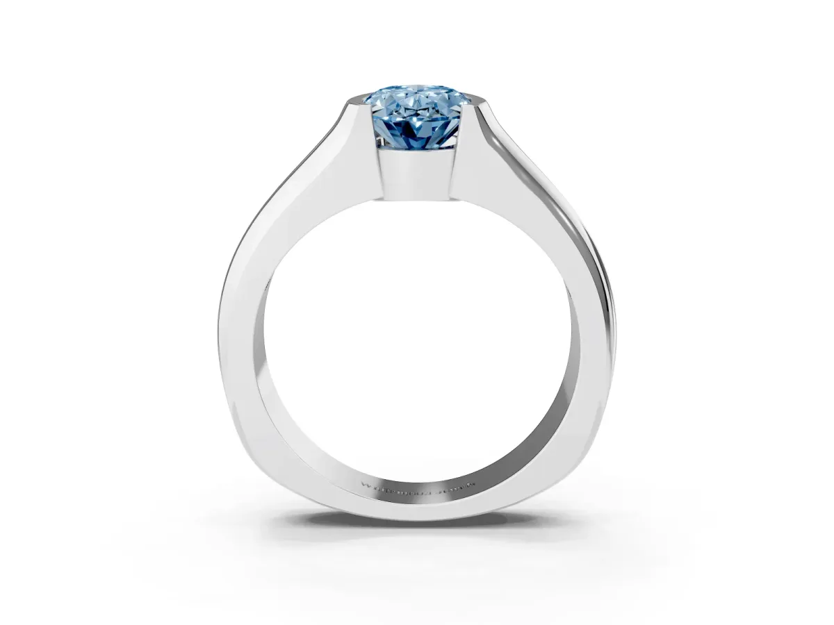 Fancy Blue Oval Cut Solitaire Bezel Set Diamond Ring with Wide Band Silver