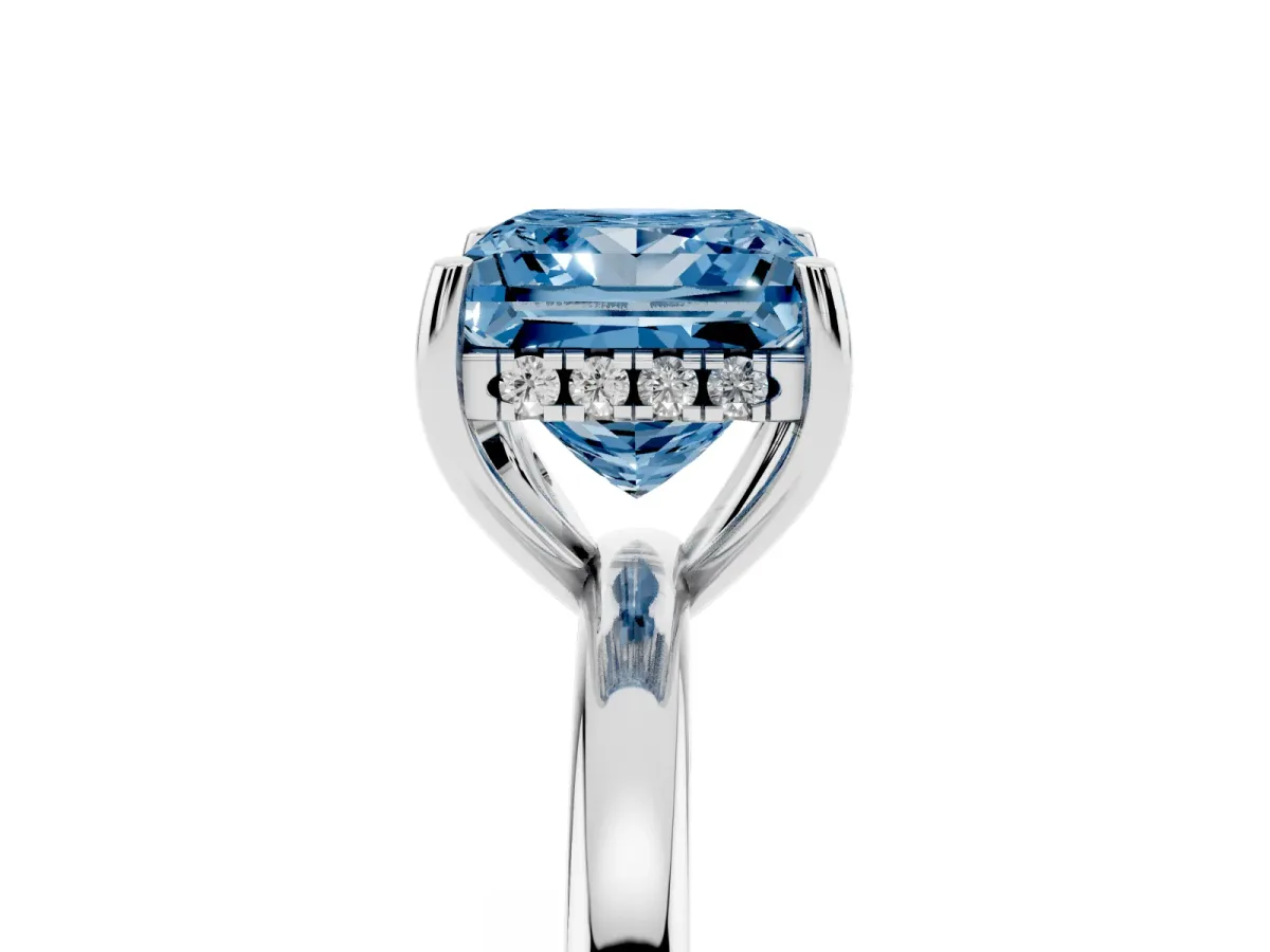 Fancy Blue Princess Cut Solitaire Diamond Ring with Prong Setting and Plain Band Silver
