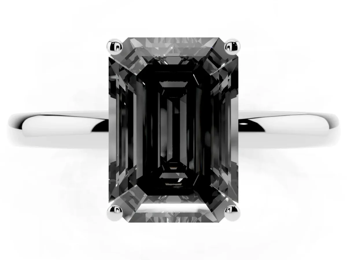 Fancy Black Emerald Cut Solitaire Diamond Ring with Prong Setting and Plain Band Silver