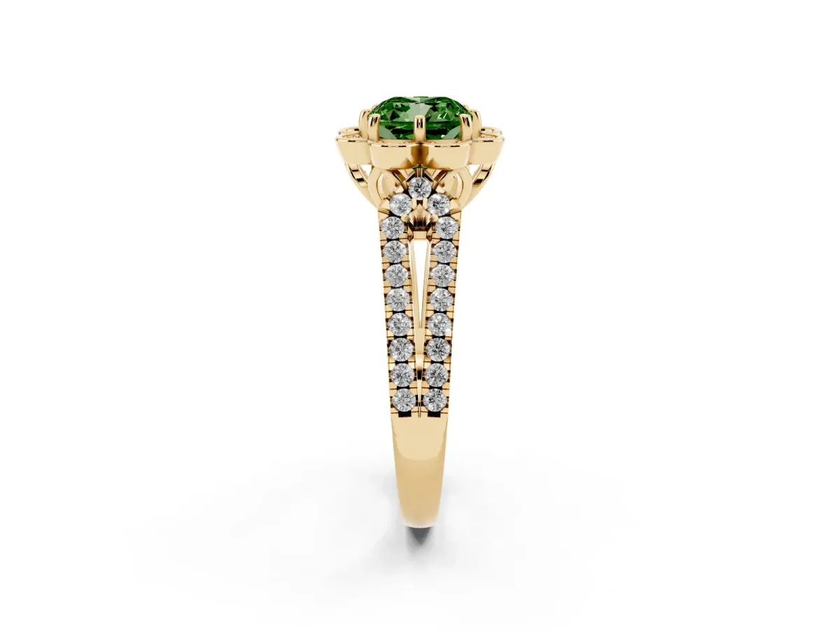 Fancy Green Cushion Cut Halo Diamond Floral Split Shank Engagement Ring Yellow gold