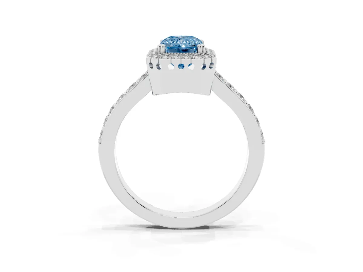 Fancy Blue Radiant Cut Cut Diamond Halo Engagement Ring with Milgrain Detail and Pavé Band Platinum