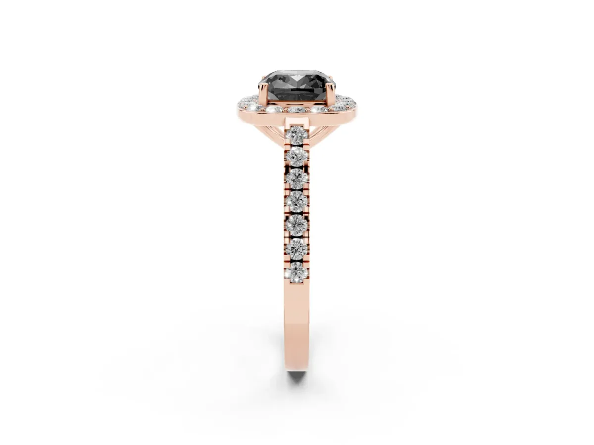 Fancy Black Cushion Cut Diamond Halo Ring with Round Pavé Split Shank and Prong Setting Rose gold