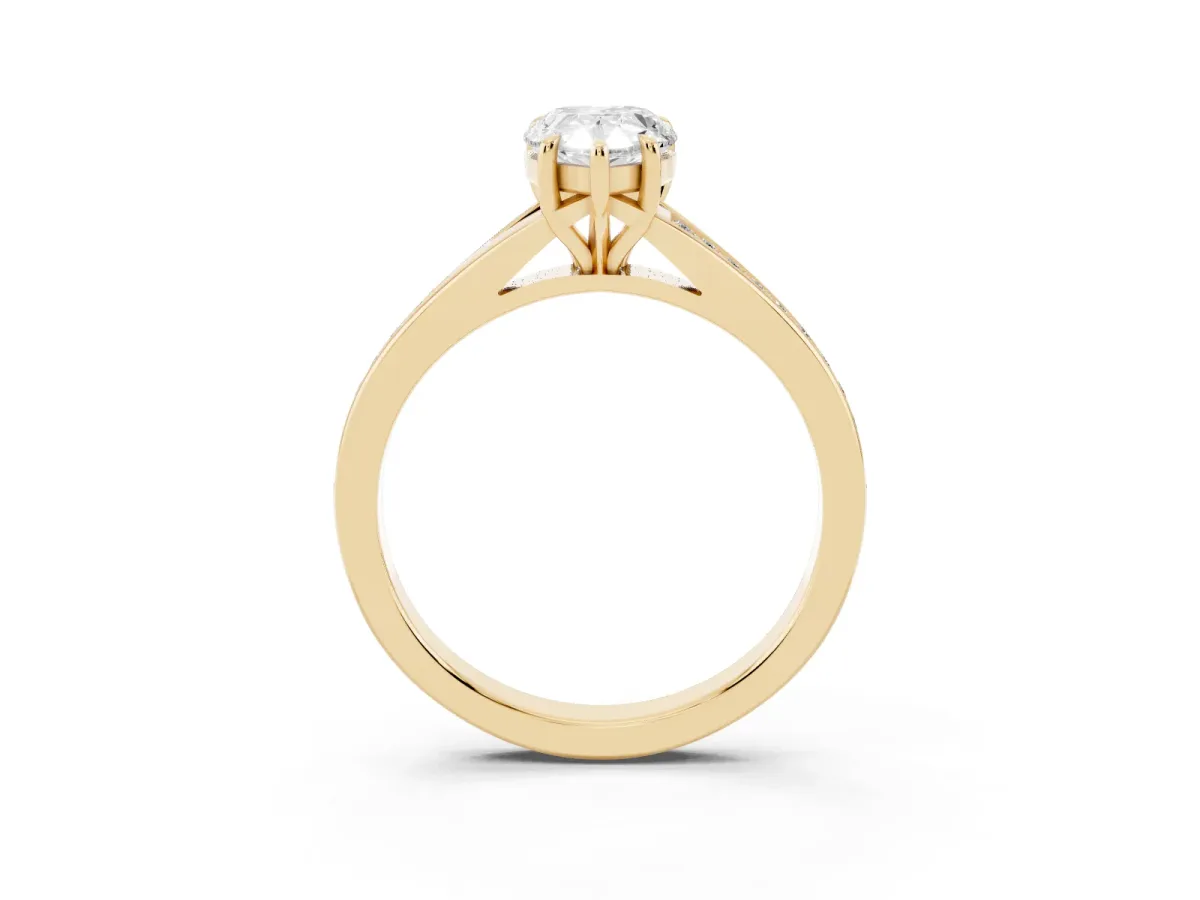 Pear Cut Diamond Solitaire Ring with Pavé Band and Prong Setting Yellow gold
