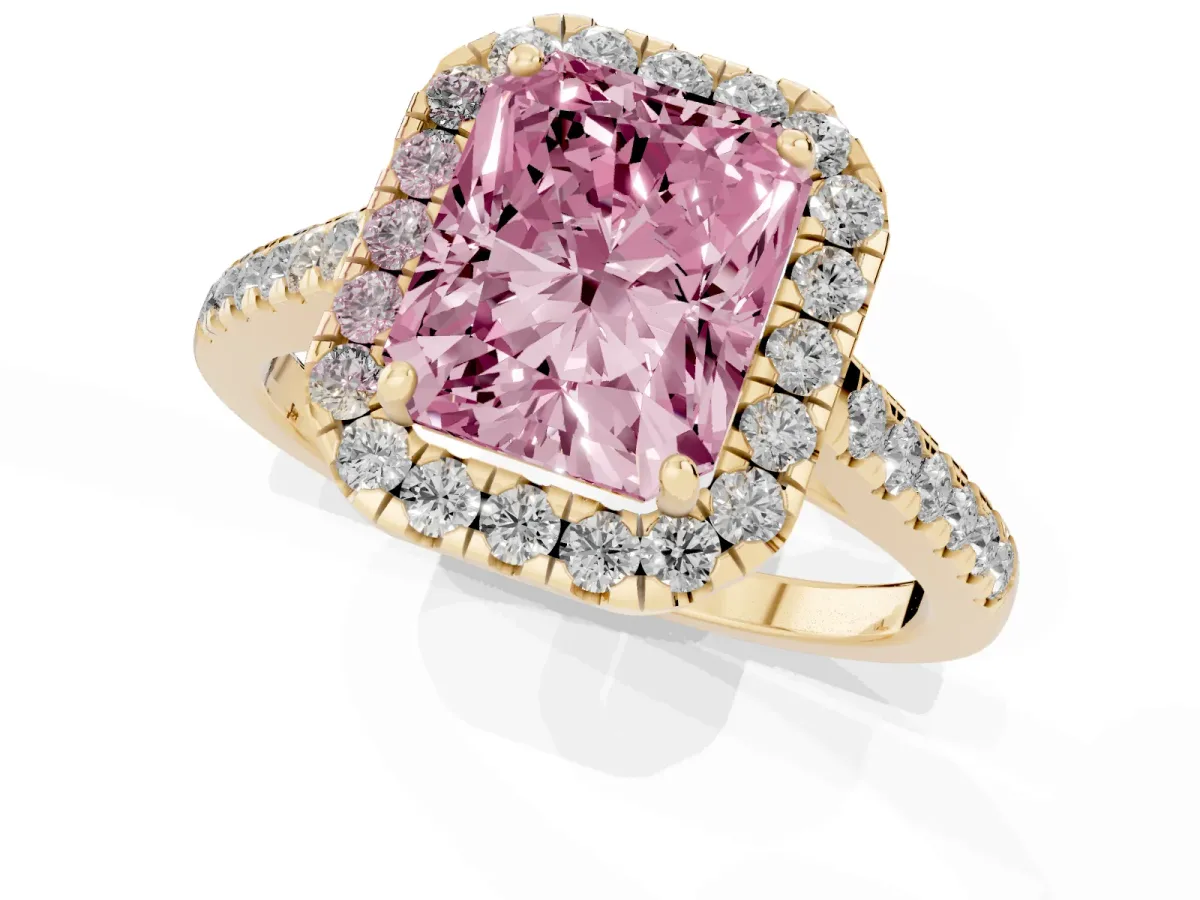 Fancy Pink Radiant Cut Halo Pave Diamond Engagement Ring with Four-Prong Setting Yellow gold