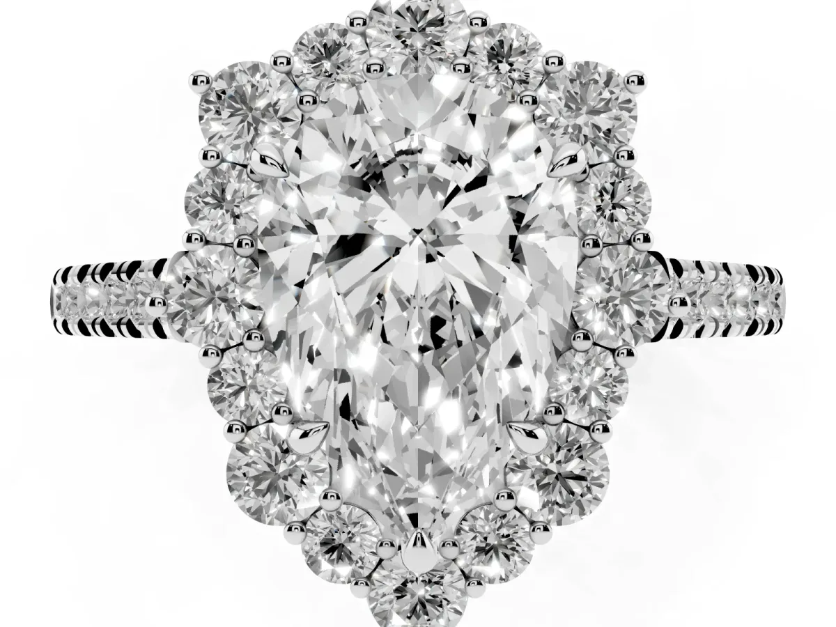 Pear Cut Halo Diamond Ring with Pavé Band and Prong Setting Silver