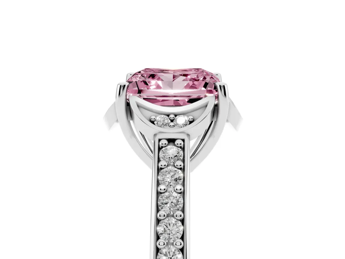 Fancy Pink Princess Cut Cut Halo Diamond Ring with Channel Set Band and Four-Prong Setting Platinum