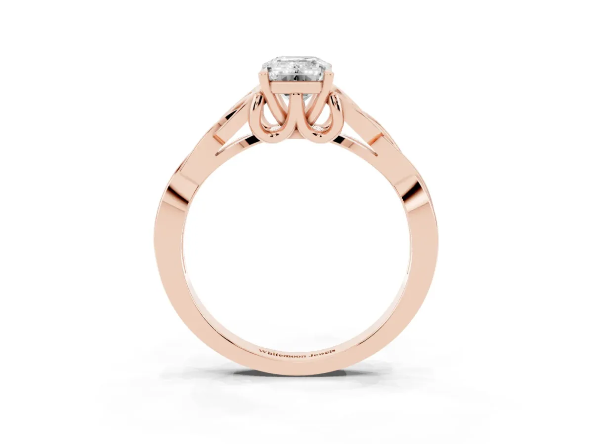 Emerald Cut Diamond Solitaire Engagement Ring with Celtic Knot Band and Four-Prong Setting Rose gold