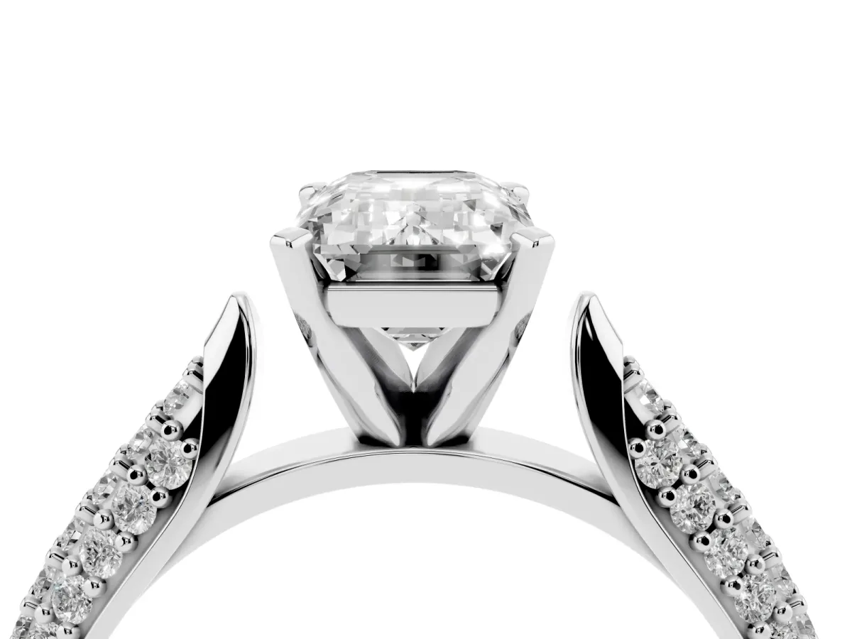 Emerald Cut Diamond Solitaire Engagement Ring with Multi-Row Round Pavé Band and Prong Setting Silver