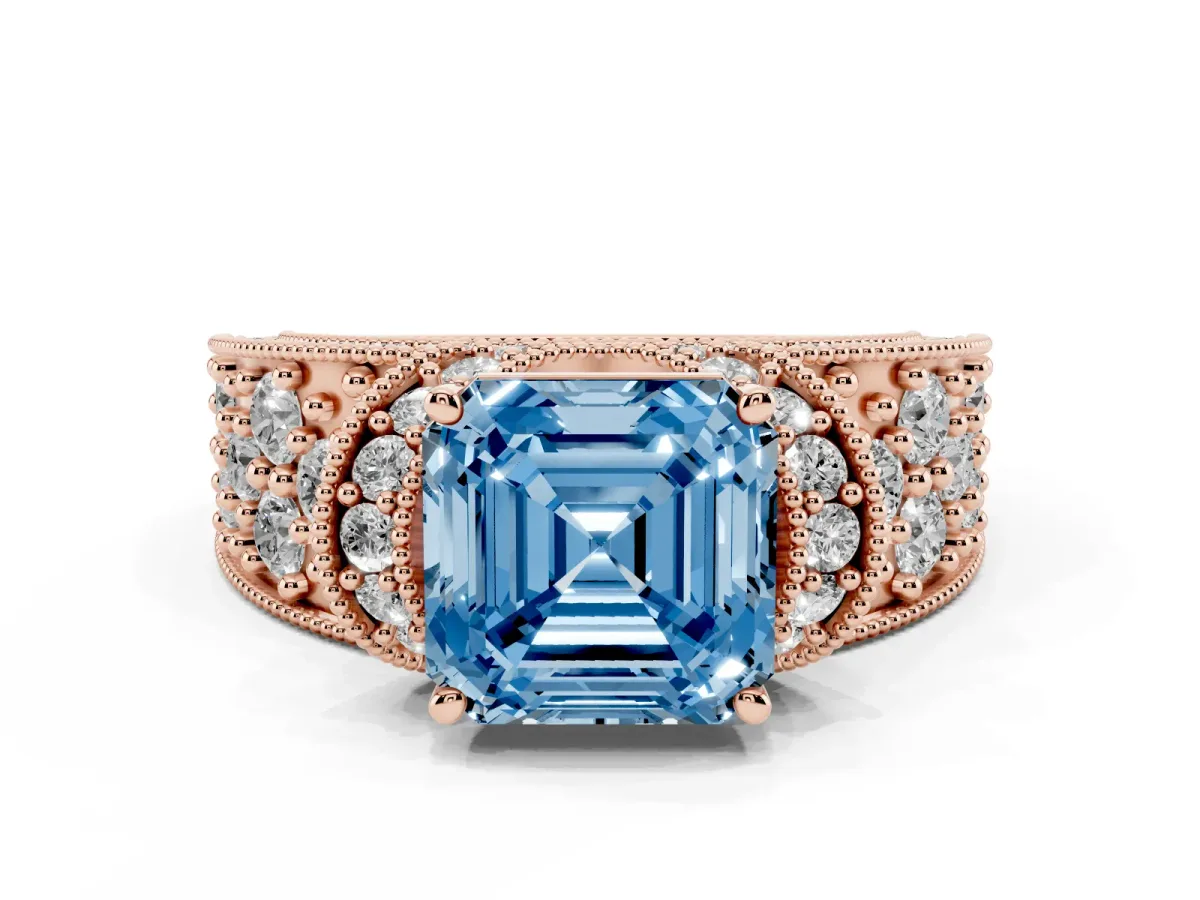 Fancy Blue Asscher Cut Halo Pave Diamond Engagement Ring with Milgrain Detailing Rose gold