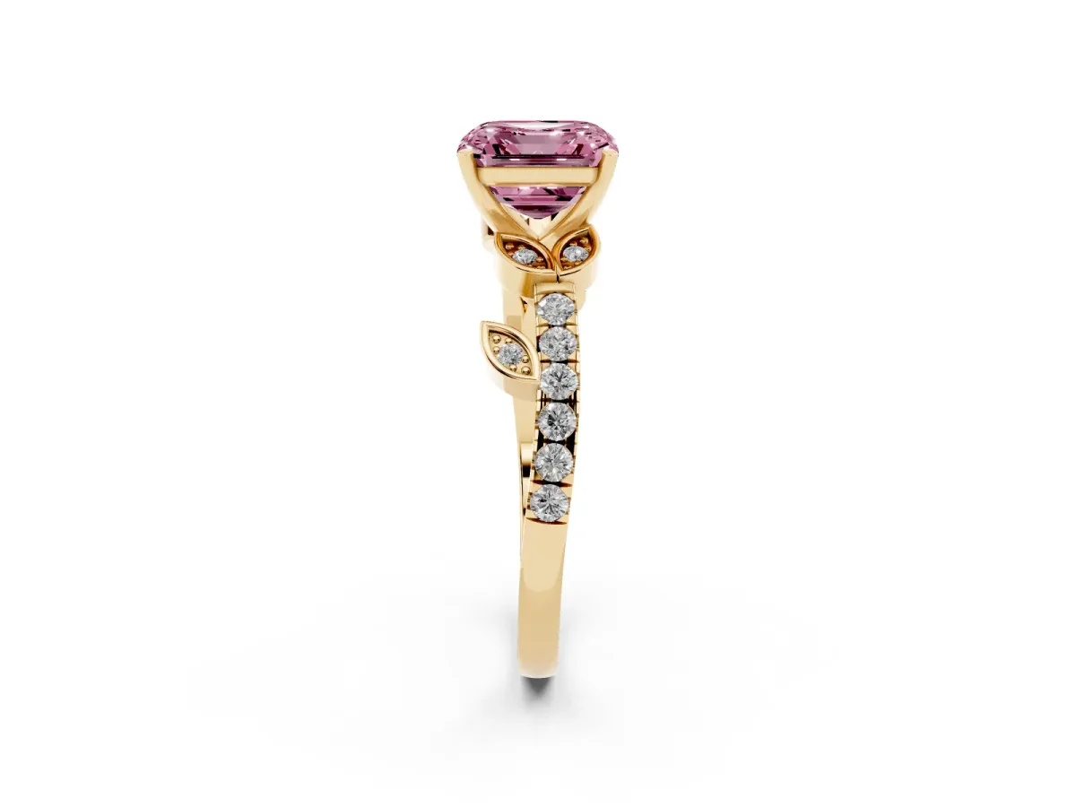 Fancy Pink Asscher Cut Solitaire Leaf-Inspired Diamond Ring with Pavé Band and Four-Prong Setting Yellow gold