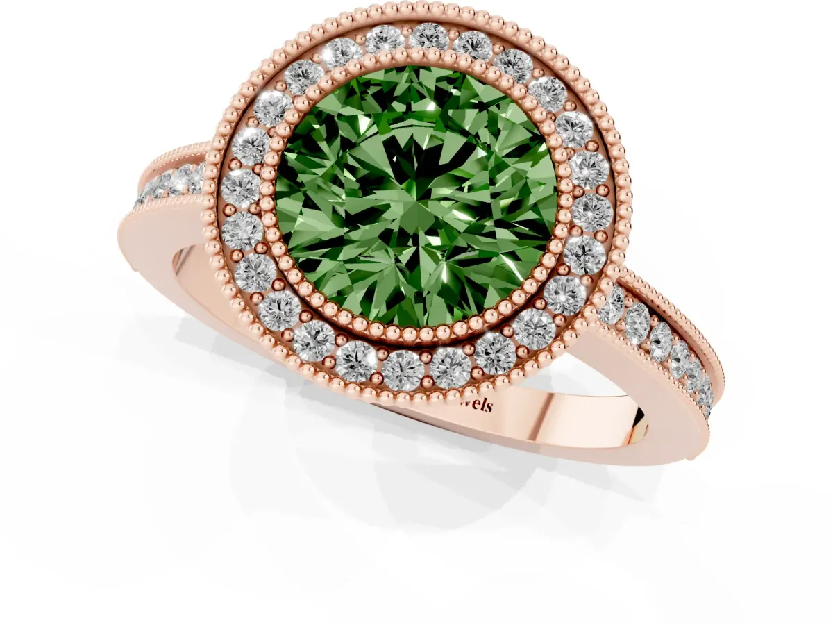 Fancy Green Round Cut Cut Halo Diamond Ring with Pavé Band and Milgrain Prong Setting Rose gold