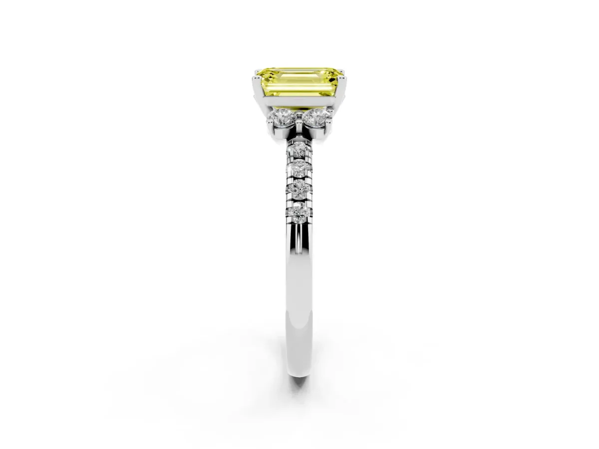 Fancy Yellow Emerald Cut Diamond Three-Stone Pave Band with Four-Prong Setting Platinum