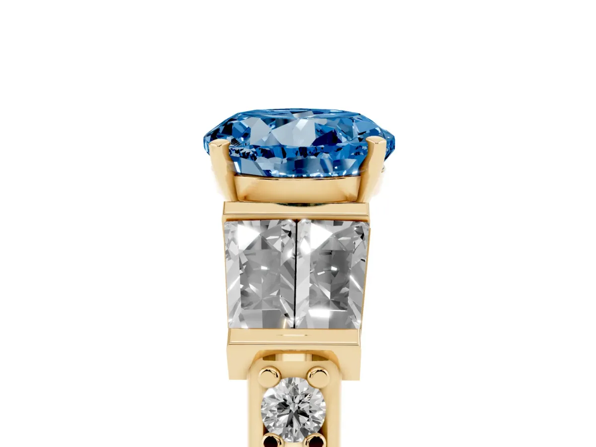 Fancy Blue Round Cut Diamond Engagement Ring with Baguette Side Stones and Channel Set Band Yellow gold