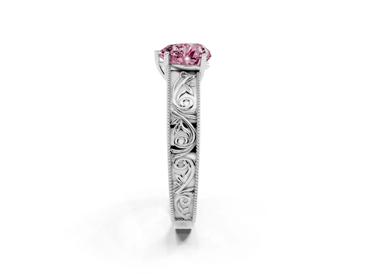 Fancy Pink Heart Cut Diamond Solitaire Ring with Engraved Band and Four-Prong Setting Platinum