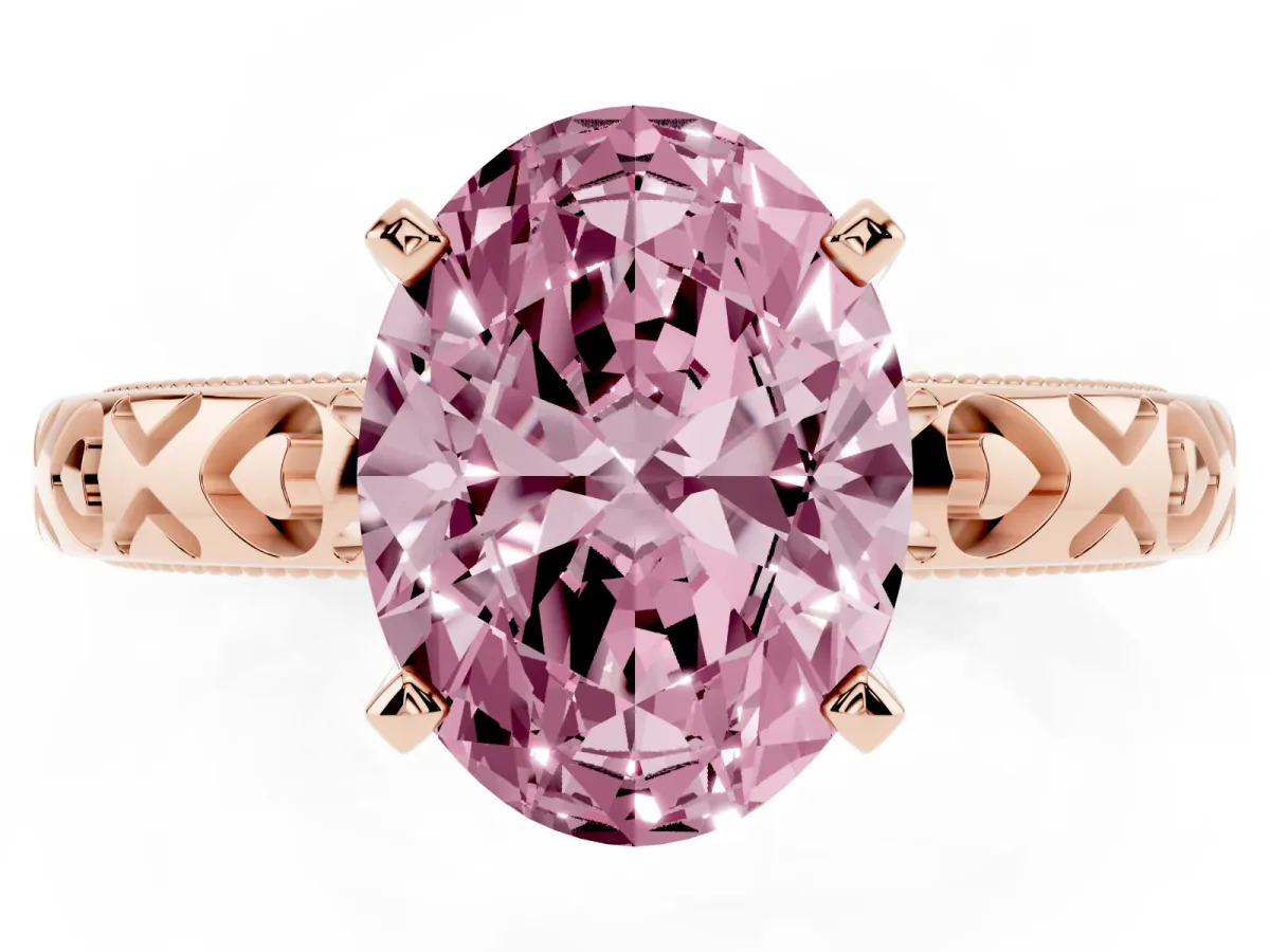 Fancy Pink Oval Cut Solitaire Diamond Engagement Ring with XO Engraved Band and Four-Prong Setting Rose gold