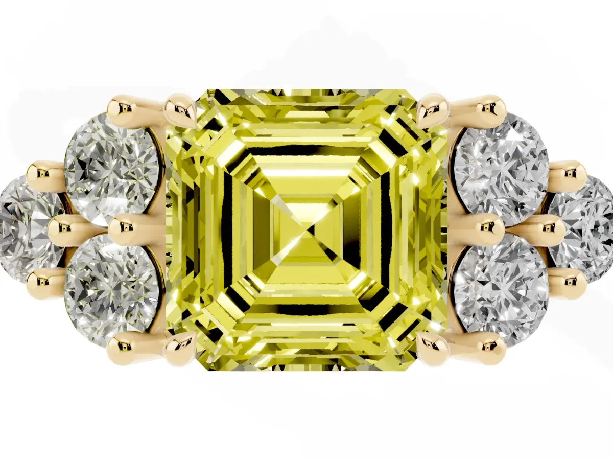 Fancy Yellow Asscher Cut Brilliant Diamond Cluster Accent Solitaire Ring with Prong Setting Yellow gold