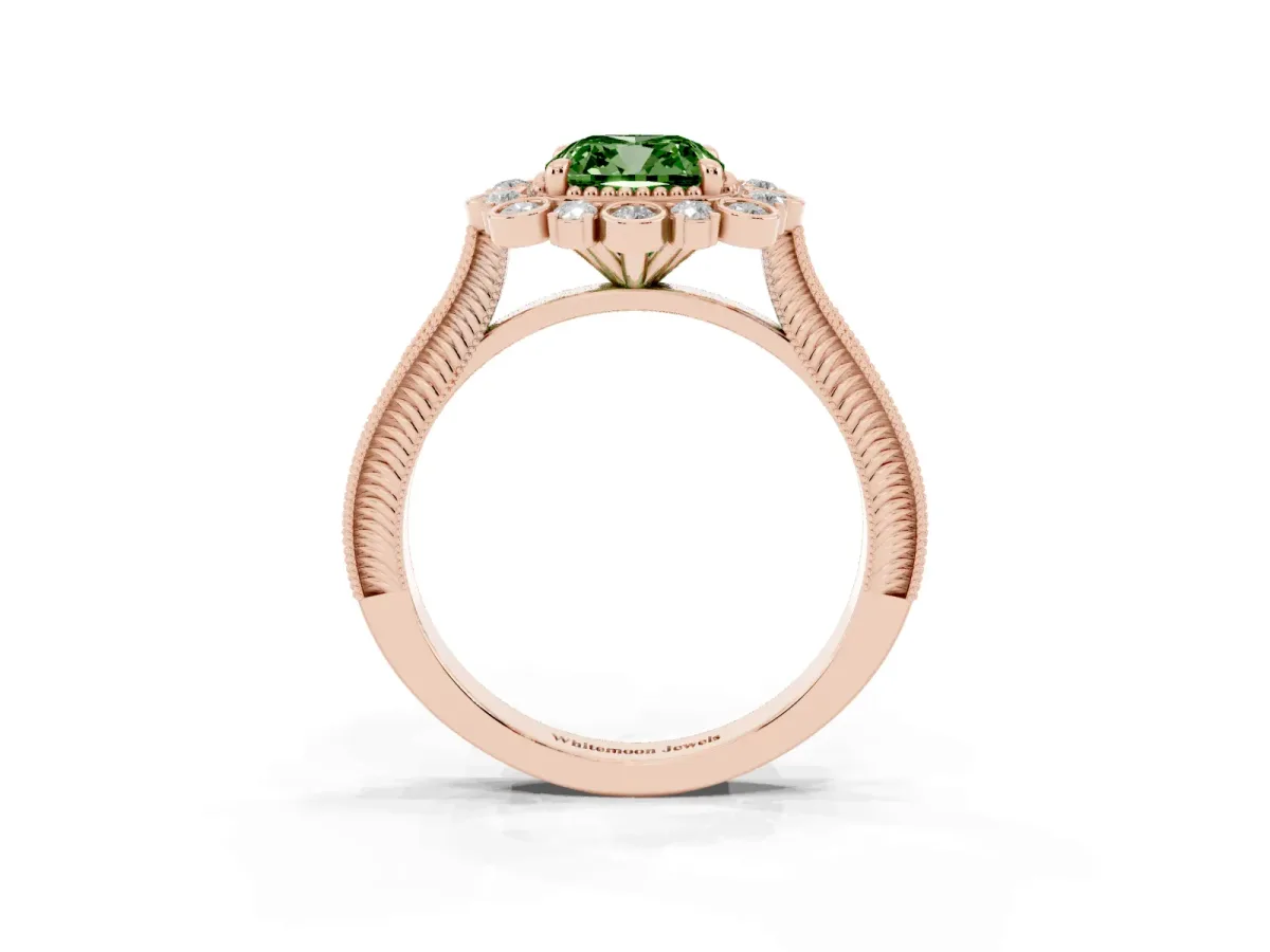 Fancy Green Cushion Cut Halo Milgrain Pave Diamond Ring with Four-Prong Setting Rose gold