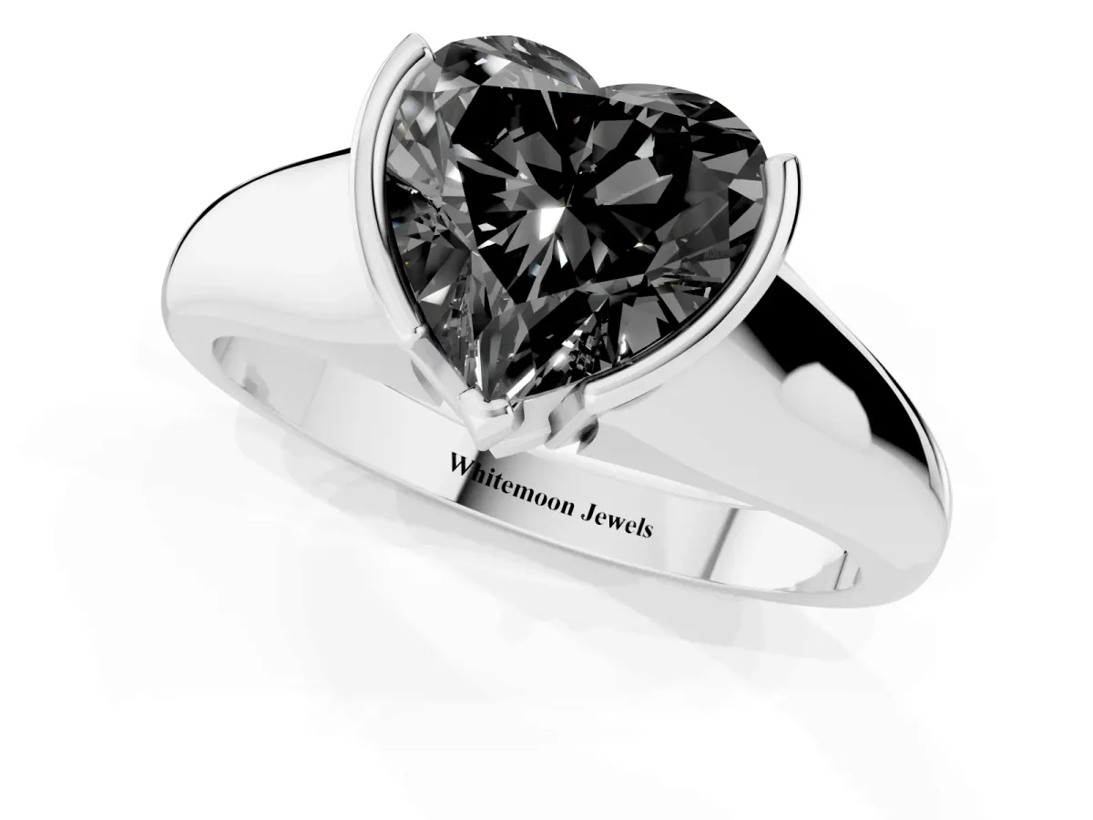 Fancy Black Heart Cut Solitaire Tension Set Diamond Ring with Split Shank Band Silver