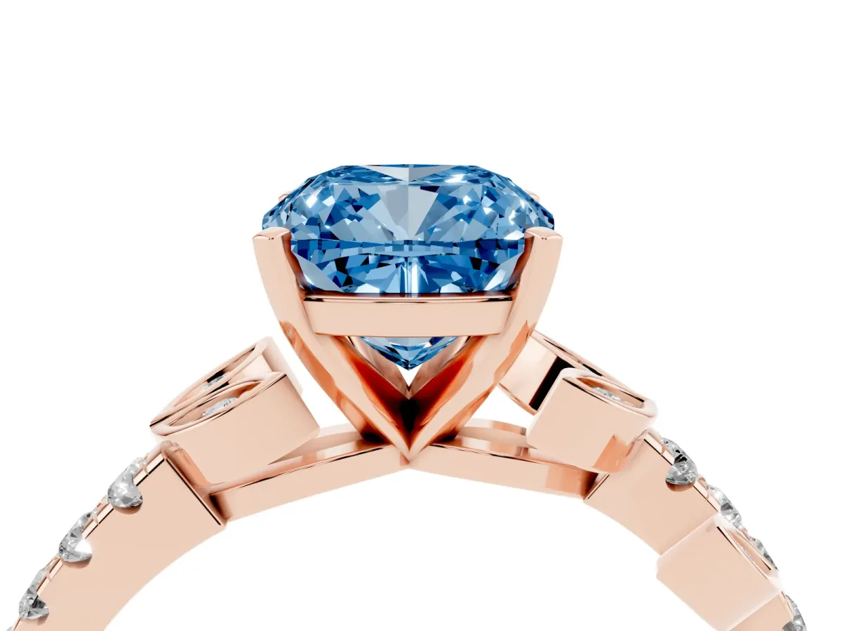 Fancy Blue Cushion Cut Solitaire Leaf-Inspired Diamond Ring with Pavé Band and Four-Prong Setting Rose gold